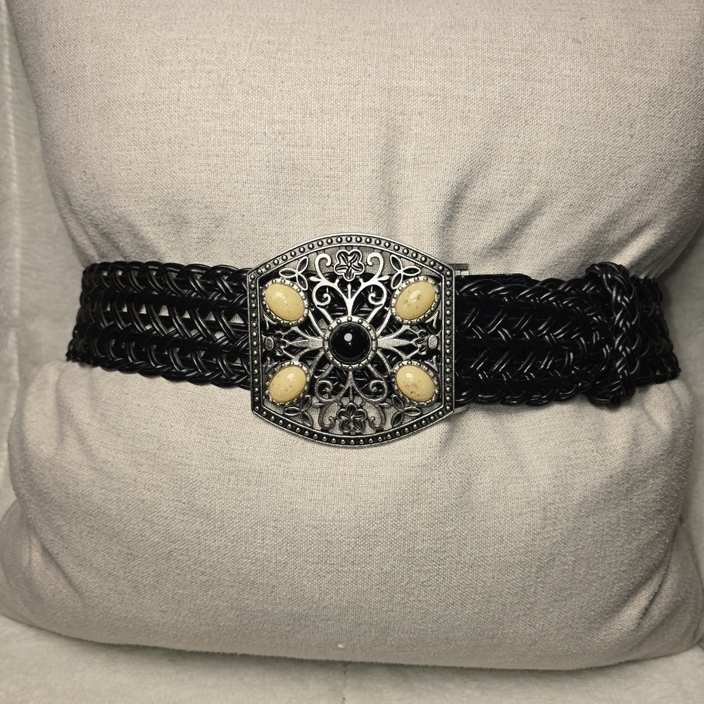 CHICO'S WOMENS BLACK FAUX LEATHER BRAIDED BELT LARGE ORNATE JEWELED BUCKLE MED0